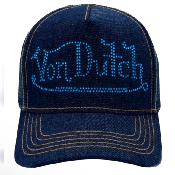 Von Dutch NWT Denim Trucker Cap with Blue Rhinestones - Picture 1 of 11